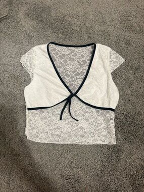 Lace Tie-Front Crop Top in White with Black Trim